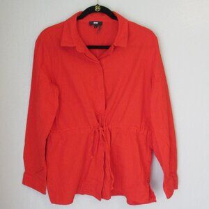 DKNY Red Drawstring Waist Button Closure Size M Tunic Blouse